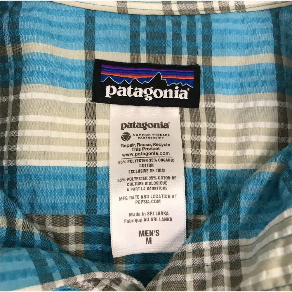 PATAGONIA Puckerware Plaid Short Sleeve Shirt Men M Blue Classic Crinkle Resort